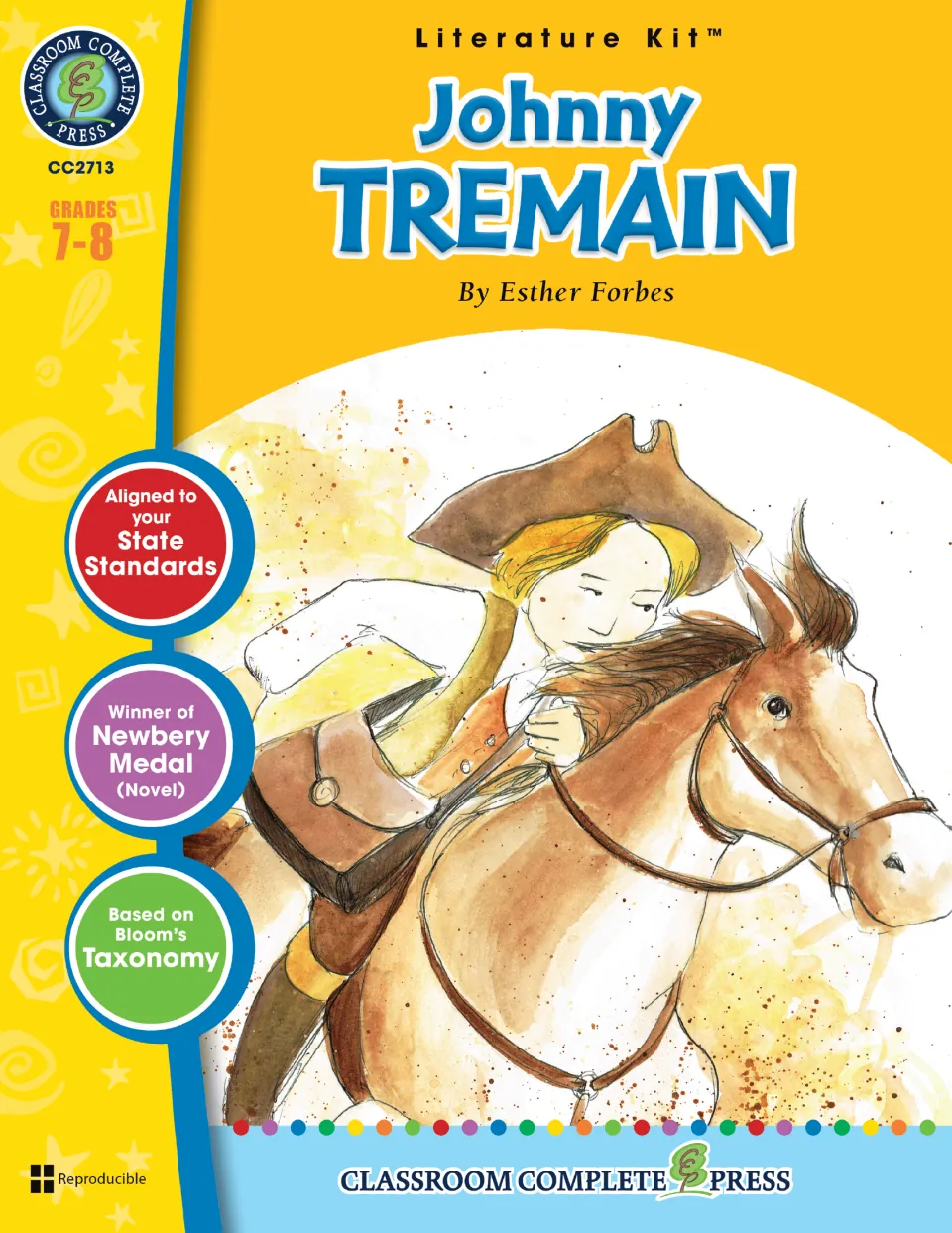 Literature kit cover for Johnny Tremain by Esther Forbes, identifying grades 7–8 and Bloom’s Taxonomy