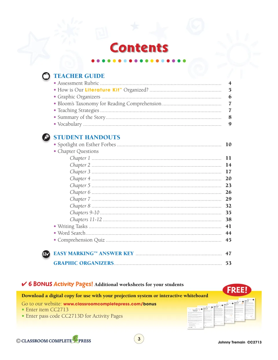 Contents lists the teacher guide, chapter questions, writing tasks, word search, quiz, and answer key