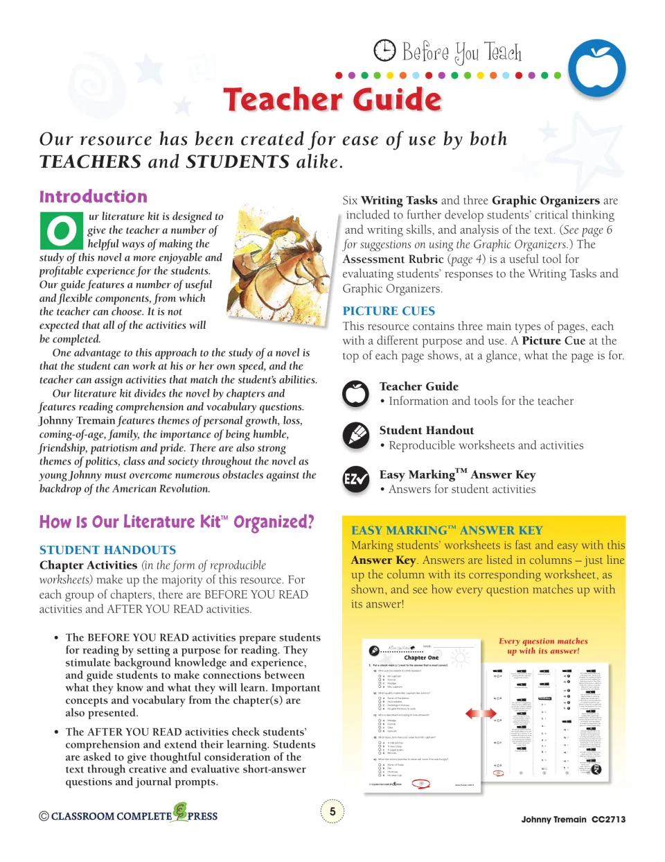 Teacher guide explains before- and after-reading activities, six writing tasks, and the answer key