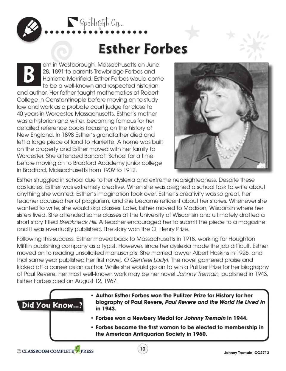 Author spotlight presents Esther Forbes’s biography and portrait, plus facts about her literary awards