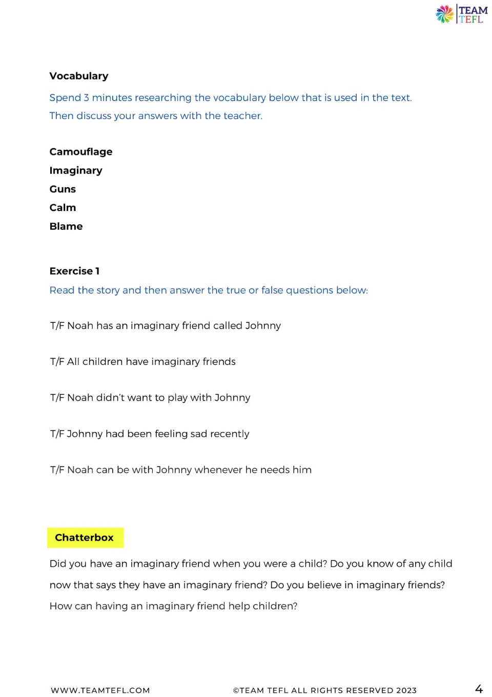 Follow-up activities: five vocabulary words, five true-or-false statements, and imaginary friend discussion.