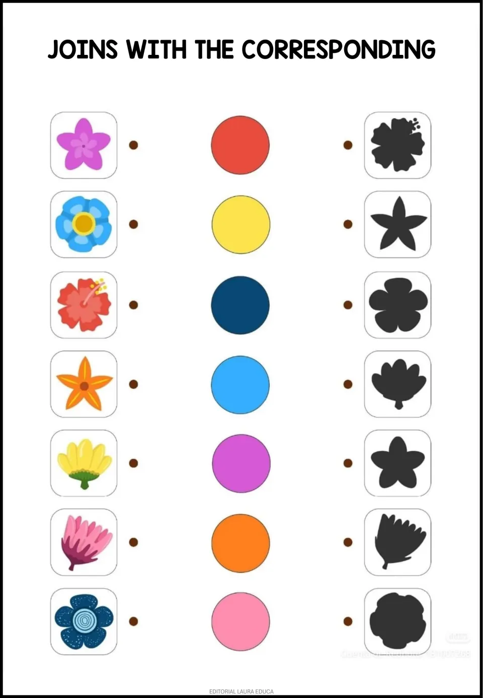 Matching worksheet 1: seven flowers, including a red hibiscus and an orange star-shaped flower, colors and silhouettes