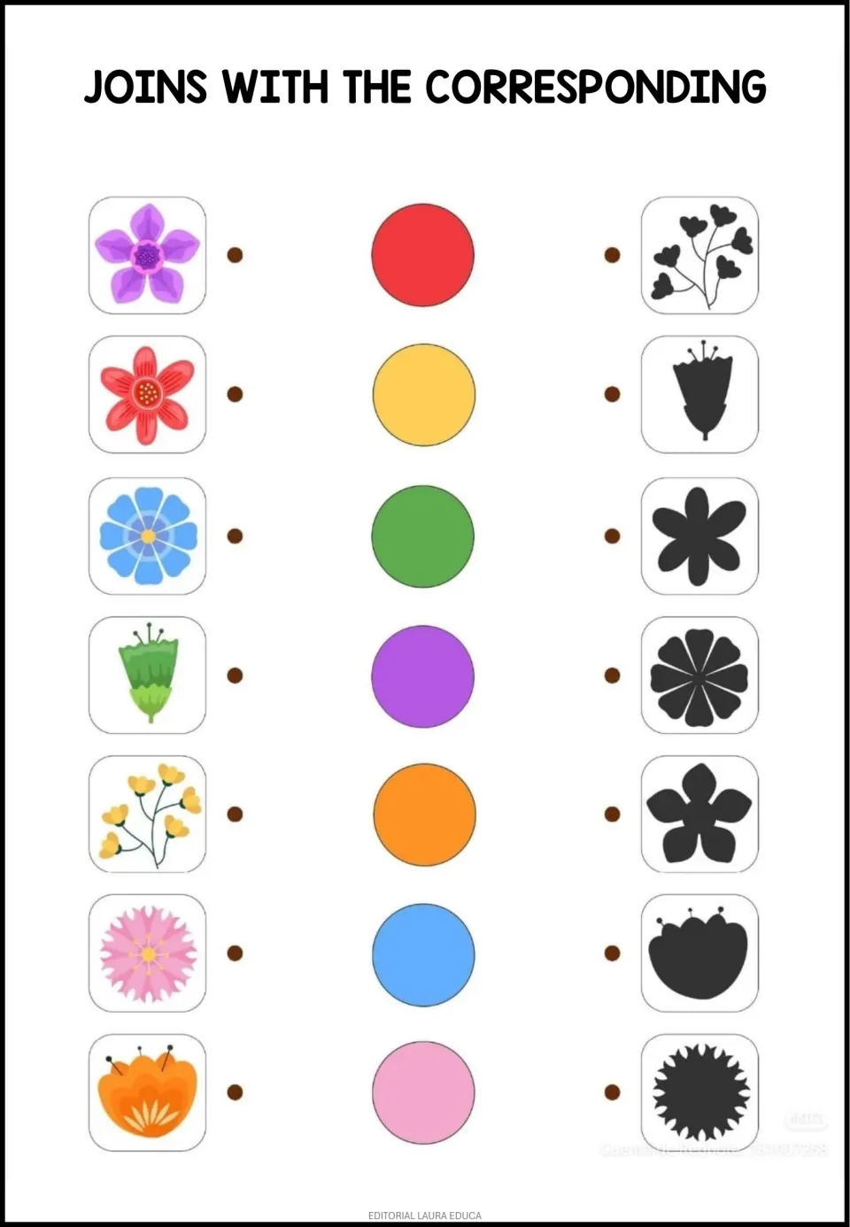 Matching worksheet 2: seven flowers, including yellow blossoms on stems and a green bloom, colors and silhouettes