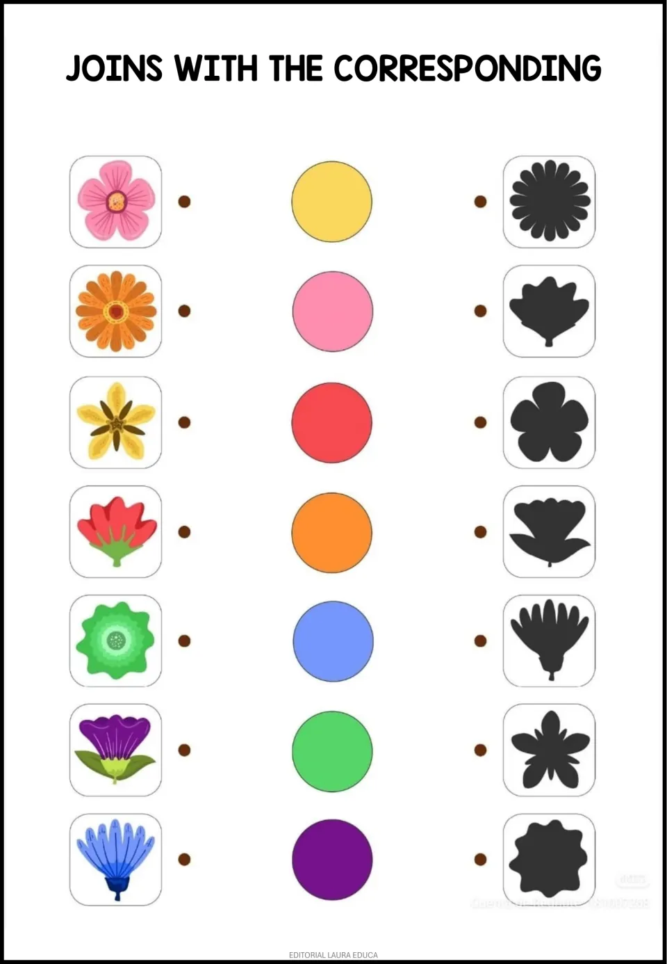 Matching worksheet 3: seven flowers, including an orange daisy and a purple bloom, colors and silhouettes