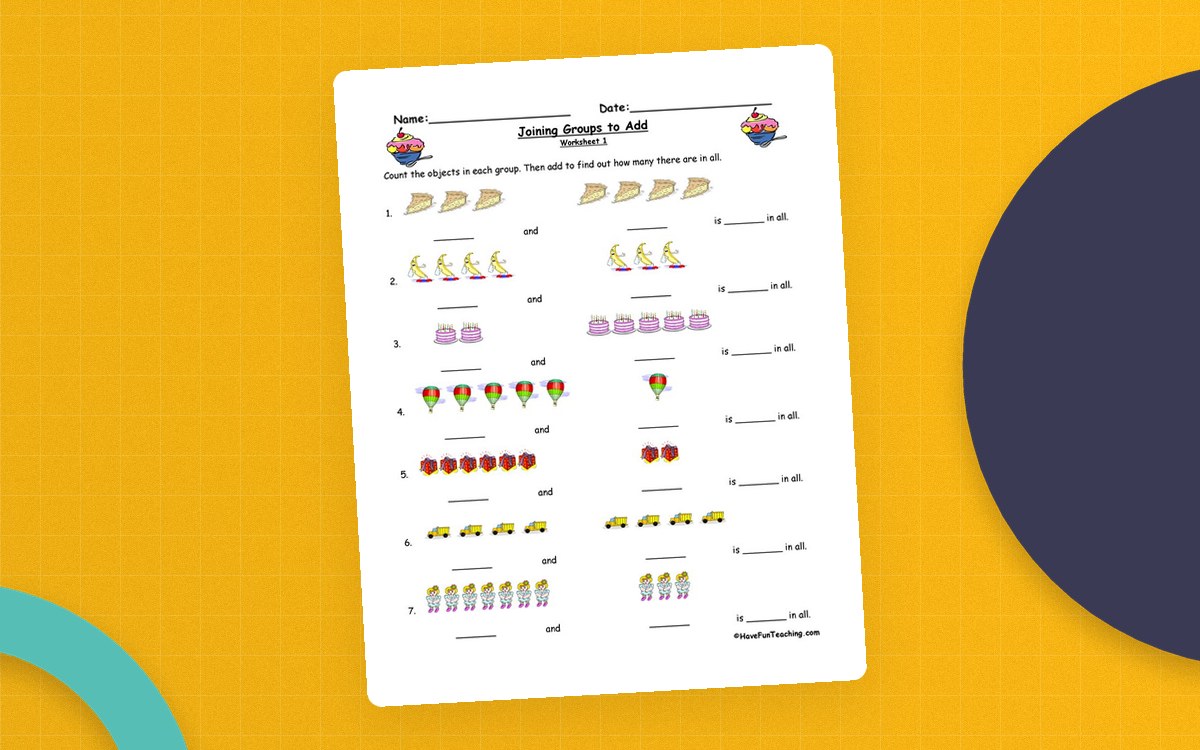 Joining Groups to Add Worksheets preview: Six illustrated joining-groups practice worksheets