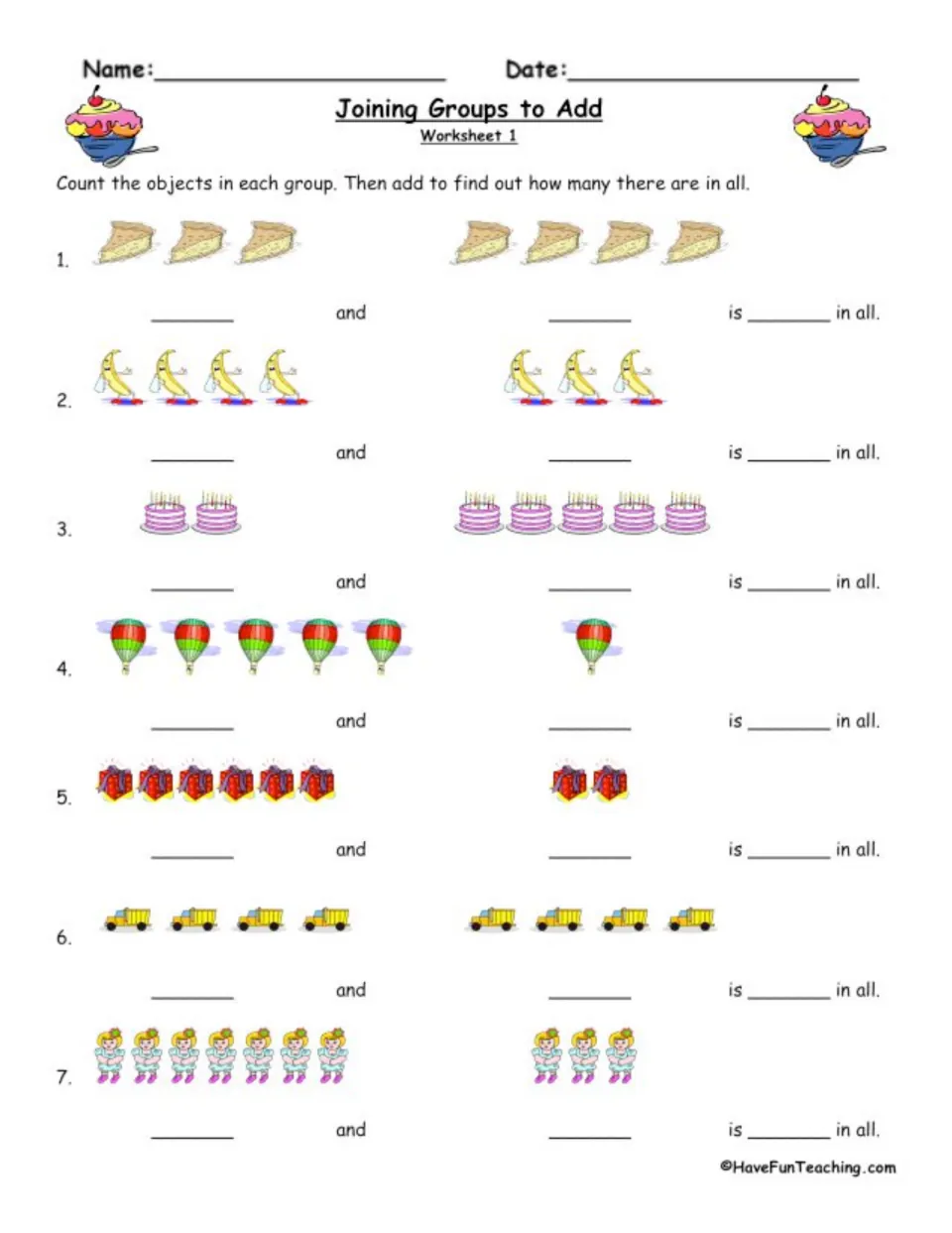 Worksheet 1 addition: students count two groups of pies, bananas, cakes, balloons, gifts and trucks, then write the sum