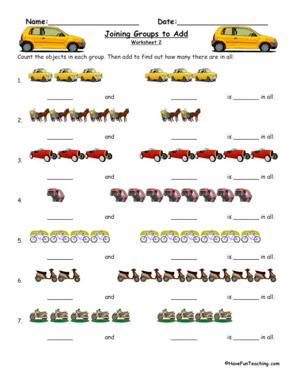 Worksheet 2 addition with vehicles: students count two groups of cars, carriages, bikes and scooters and find the total