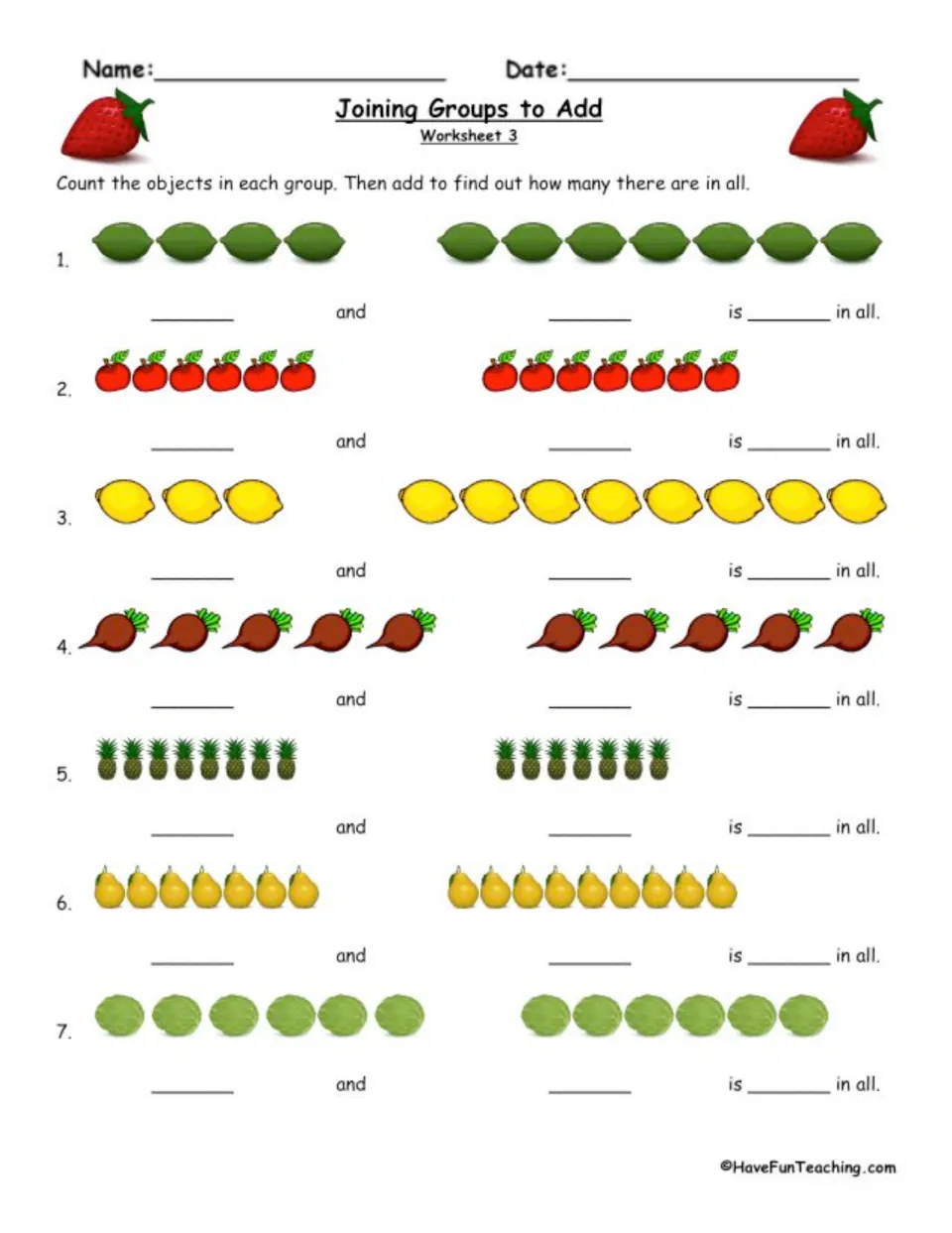 Worksheet 3 fruit and vegetable addition: students count limes, apples, lemons and pears in two groups to find the sum