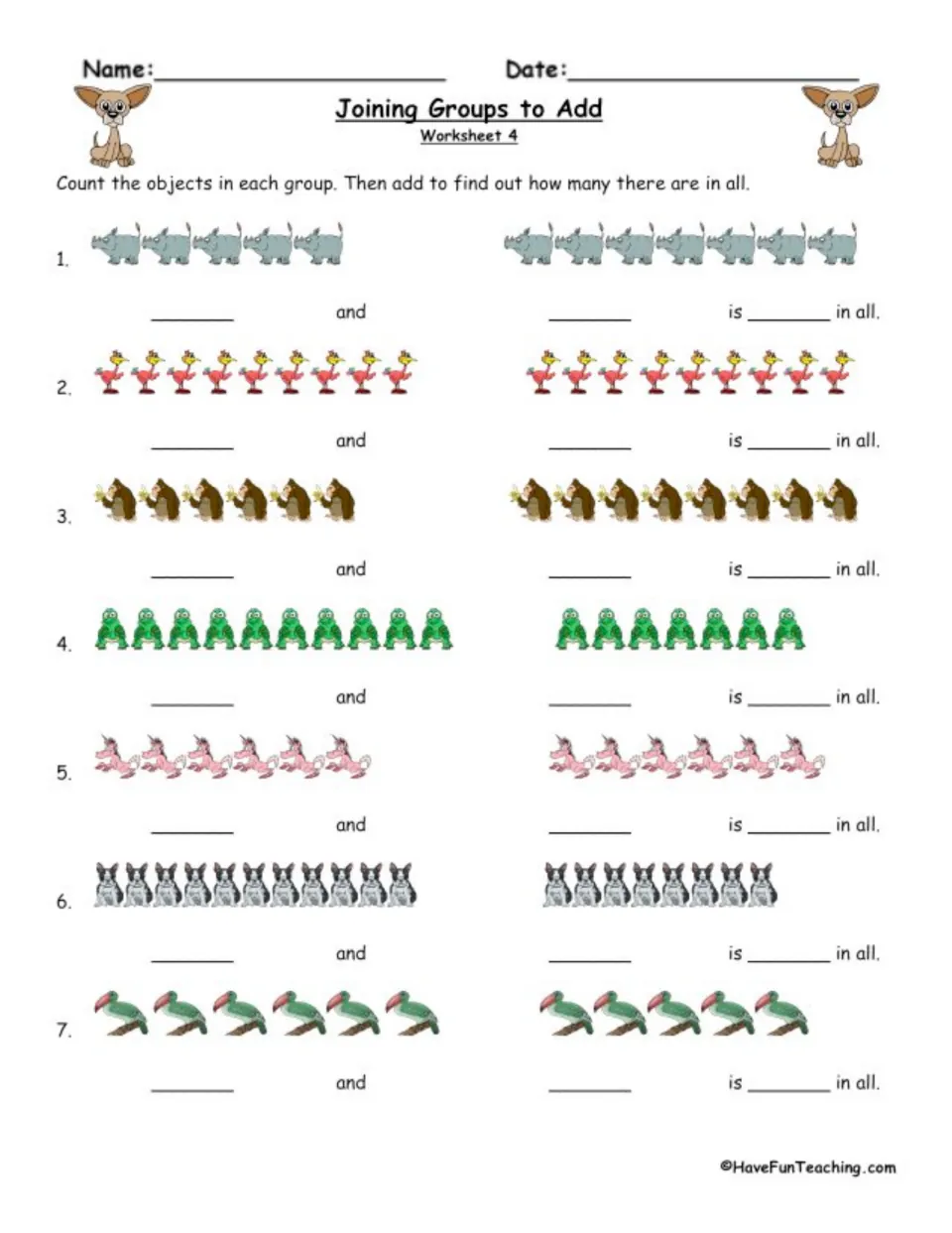 Worksheet 4 animal addition: students count two groups of rhinos, gorillas, turtles and dogs and write sums to 19