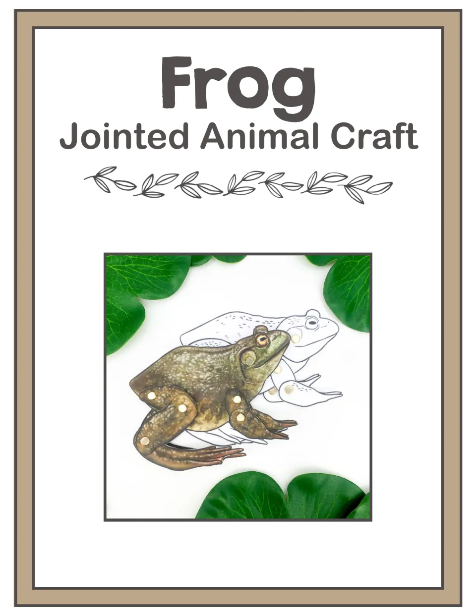Frog Jointed Animal Craft cover showing a realistic frog model with brad joints beside an uncolored outline version