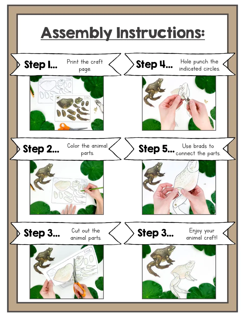 Assembly instructions: photo steps to print, color, cut out, hole punch and join the frog parts with brads to finish