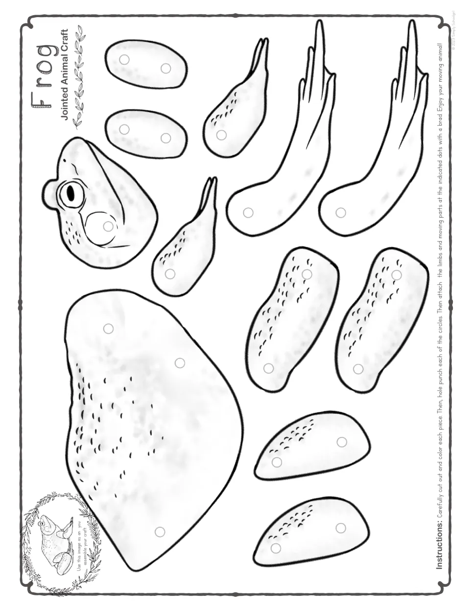 Black-and-white frog pieces for students to color and cut: head, body and four legs in 12 parts with punch circles