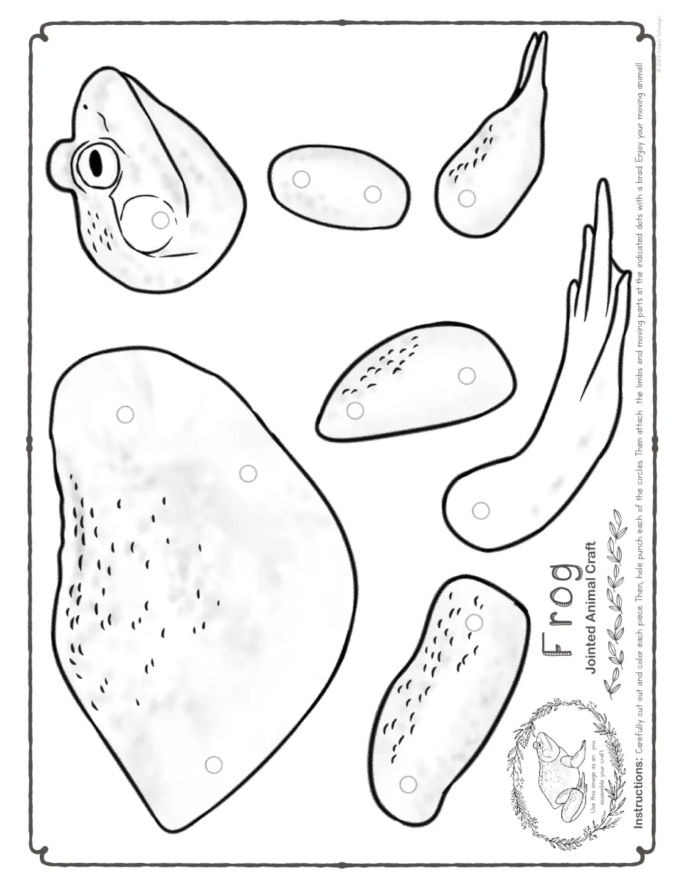 Black-and-white large frog pieces to color and cut: head, body, one front leg and one back leg in 7 parts to join