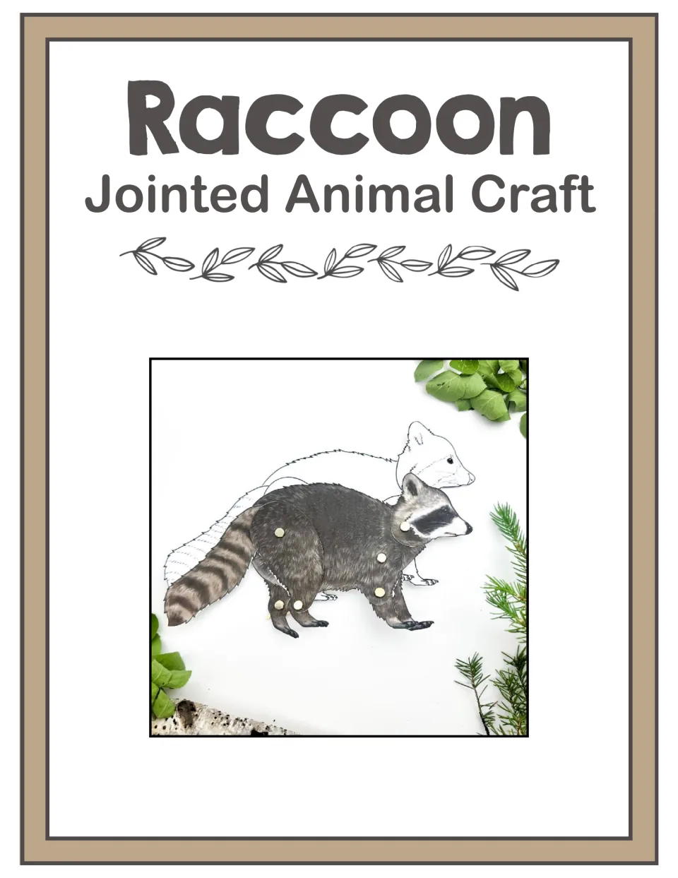 Raccoon Jointed Animal Craft cover showing assembled color and uncolored raccoons with movable parts