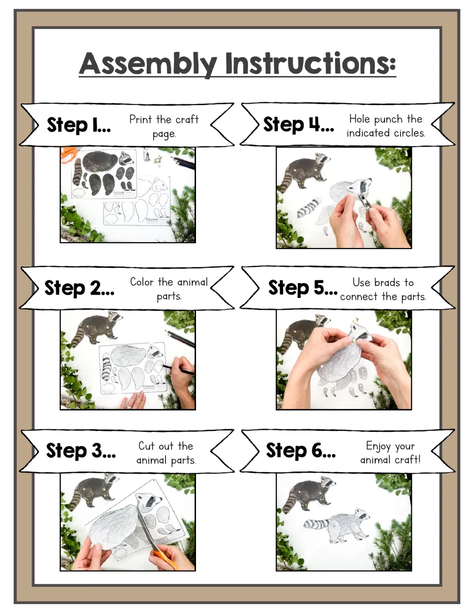 Raccoon craft assembly instructions: print, color, cut, punch holes, connect with brads, and enjoy