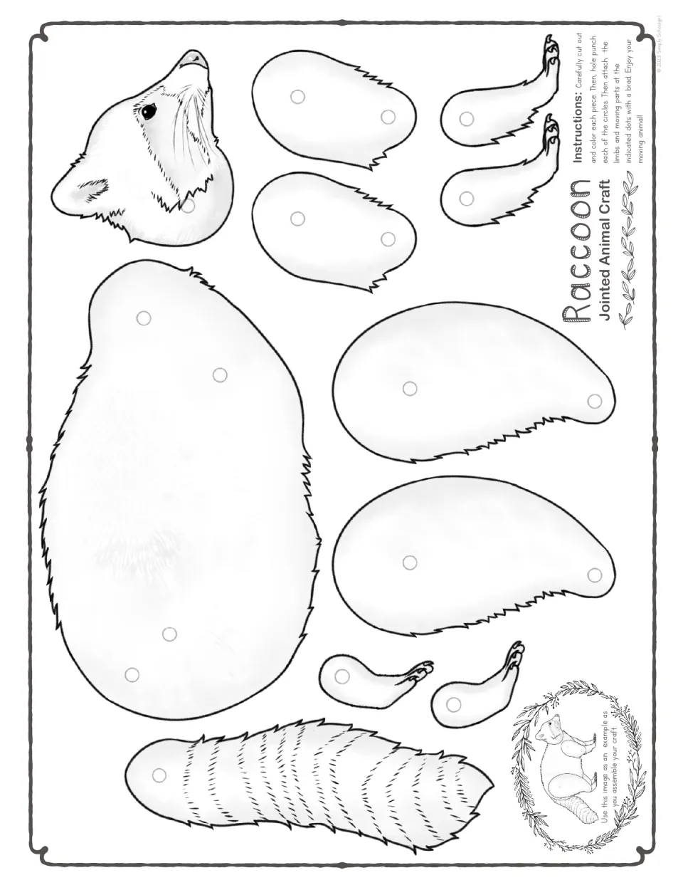 Harder black-and-white raccoon template has a body, head, tail, and four jointed legs to color and cut