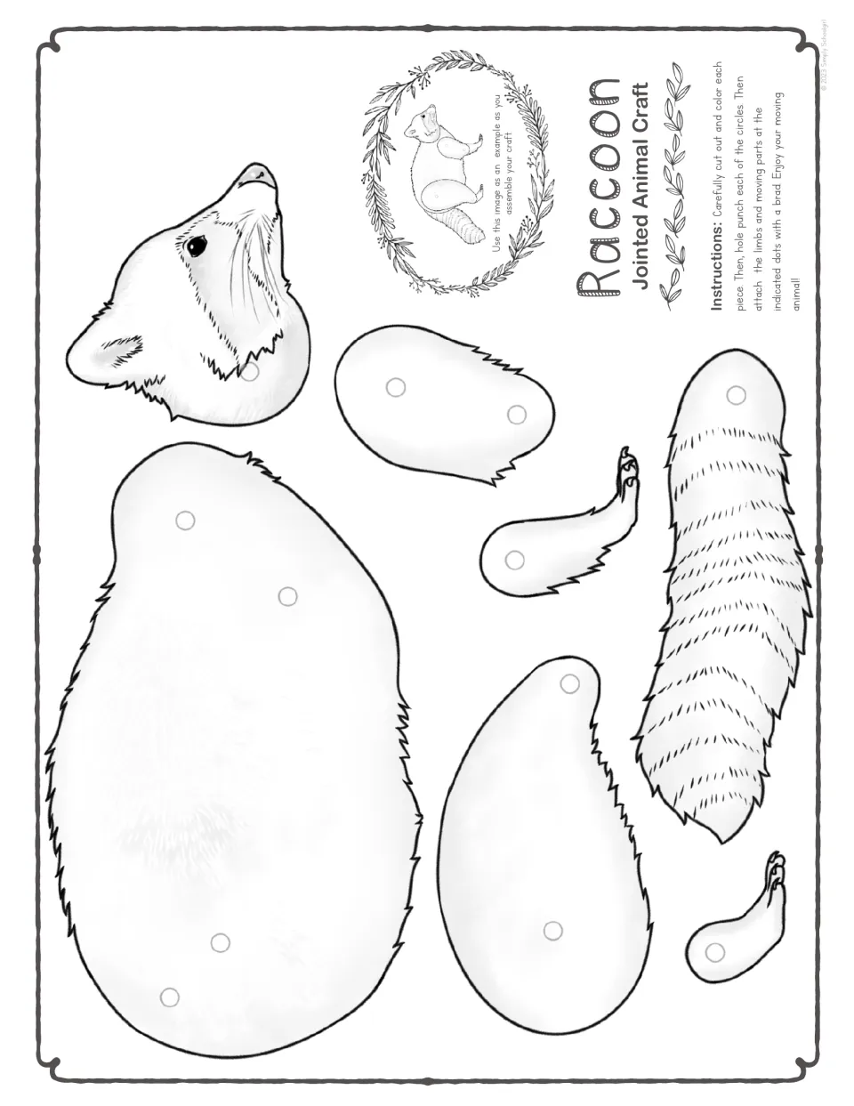 Easier black-and-white raccoon template has a body, head, tail, and two jointed legs to color and cut