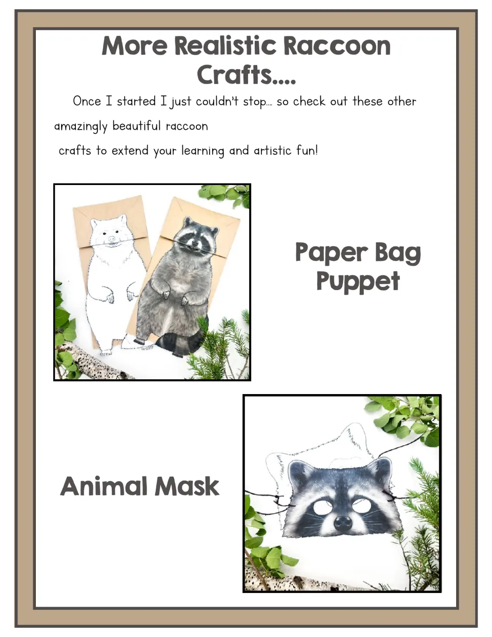 Promotional page for other raccoon crafts shows color and uncolored paper bag puppets and animal masks