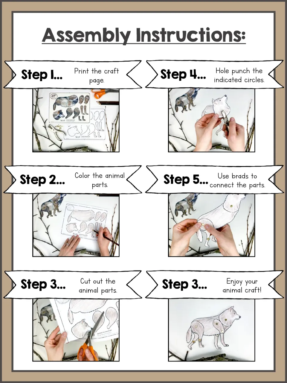 Wolf craft photo instructions: print, color, cut out the parts, punch the circles, and connect with brads