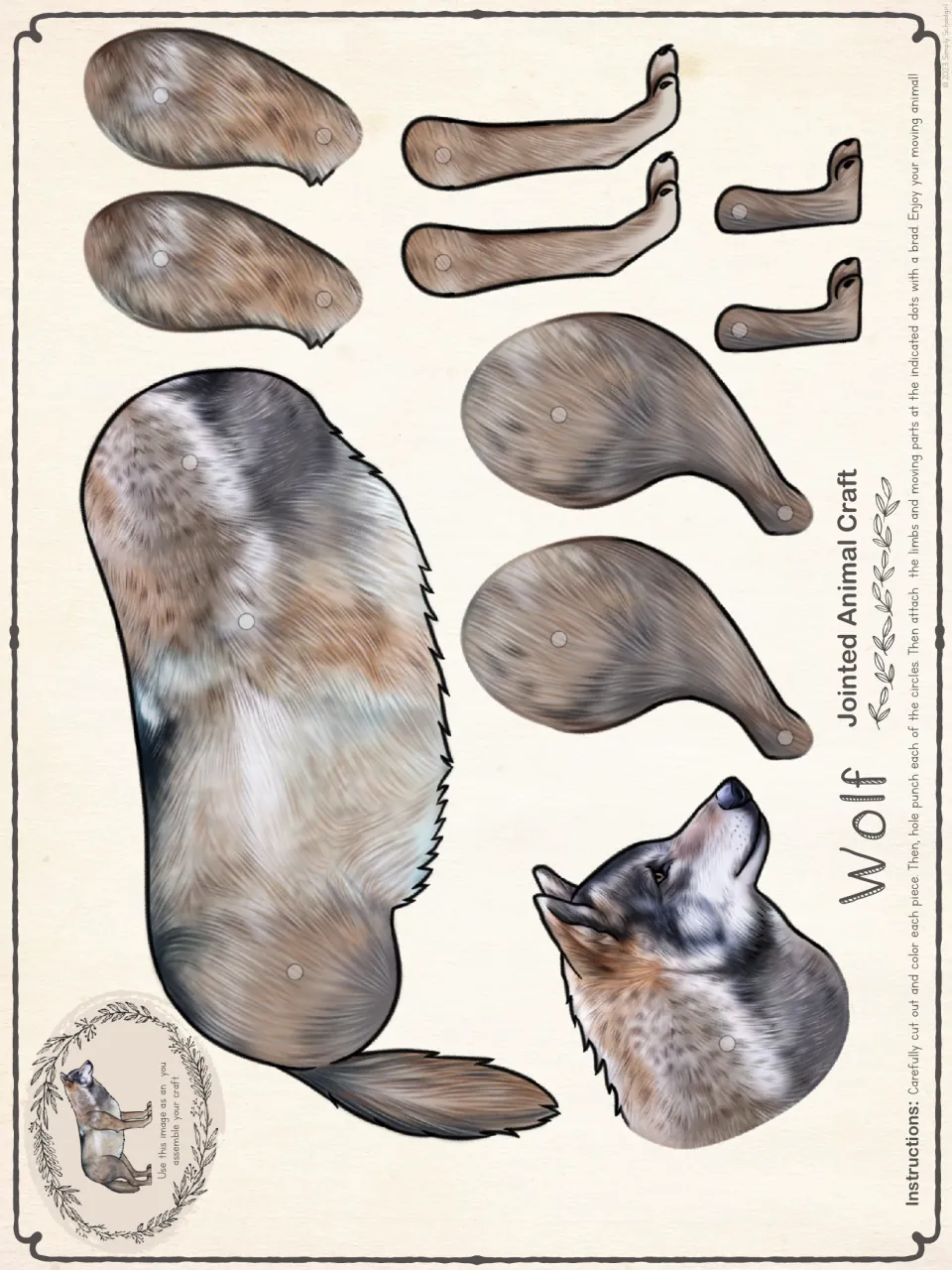 Color template for one harder wolf craft, with a body, head, and four jointed legs marked for brad assembly