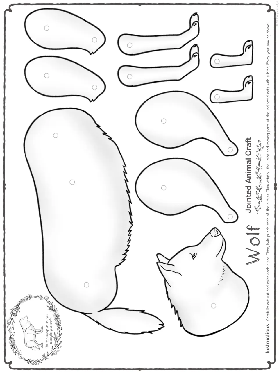 Black-and-white template for one harder wolf craft, with a body, head, and four jointed legs to color and cut