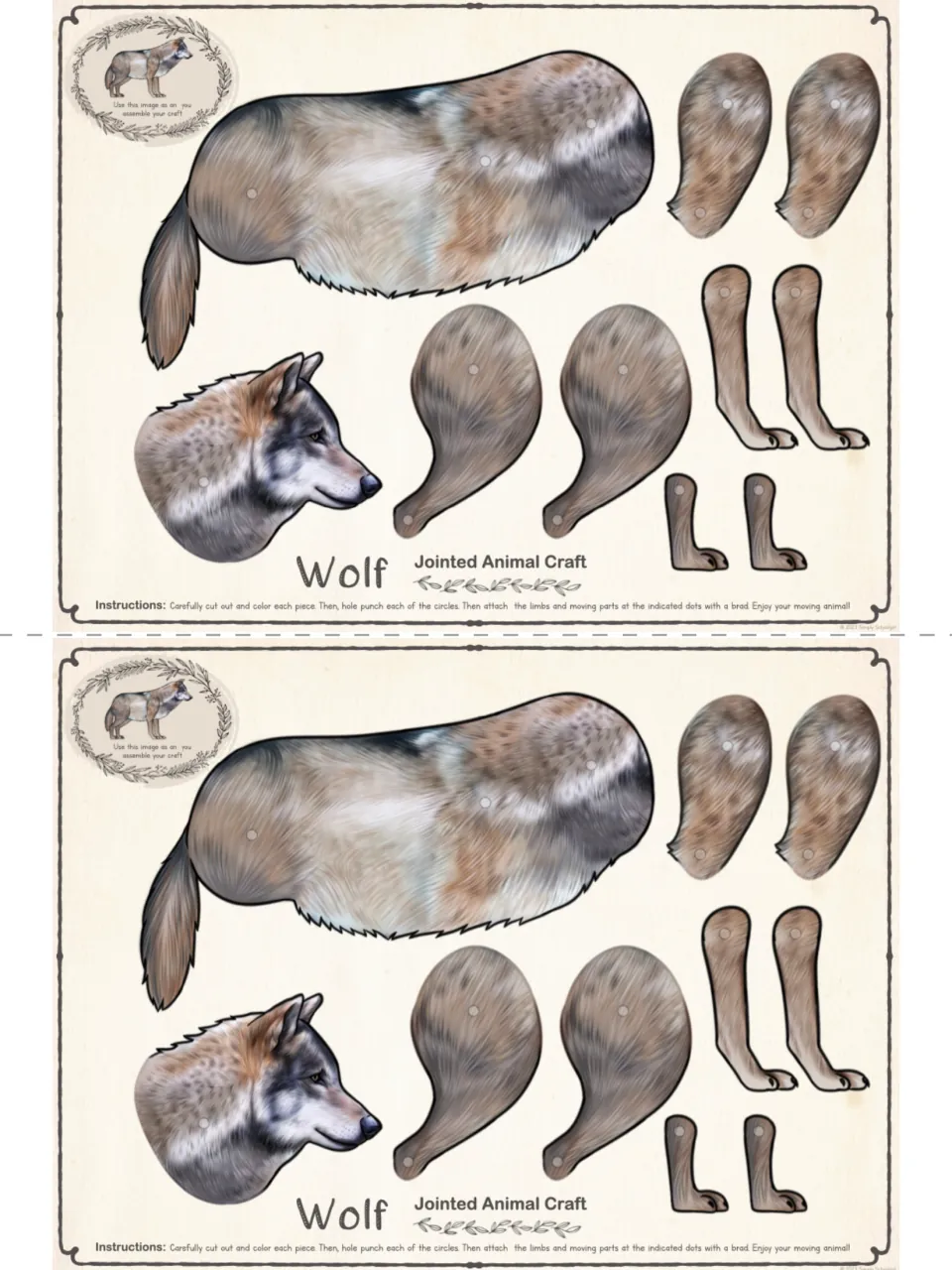 Two color templates for the harder wolf craft, each with a body, head, and pieces for four jointed legs