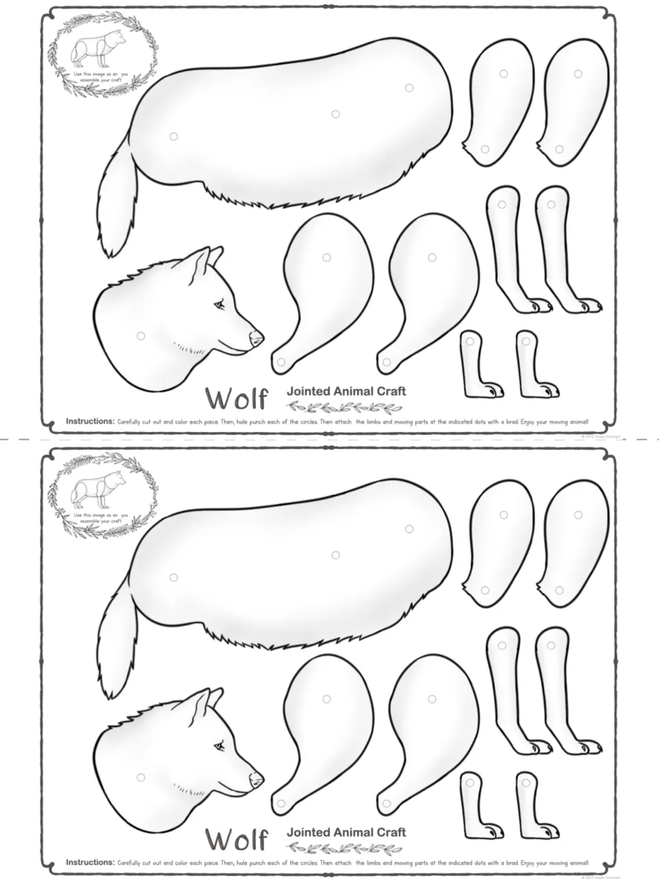 Two black-and-white templates for the harder wolf craft, each with a body, head, and four legs to assemble