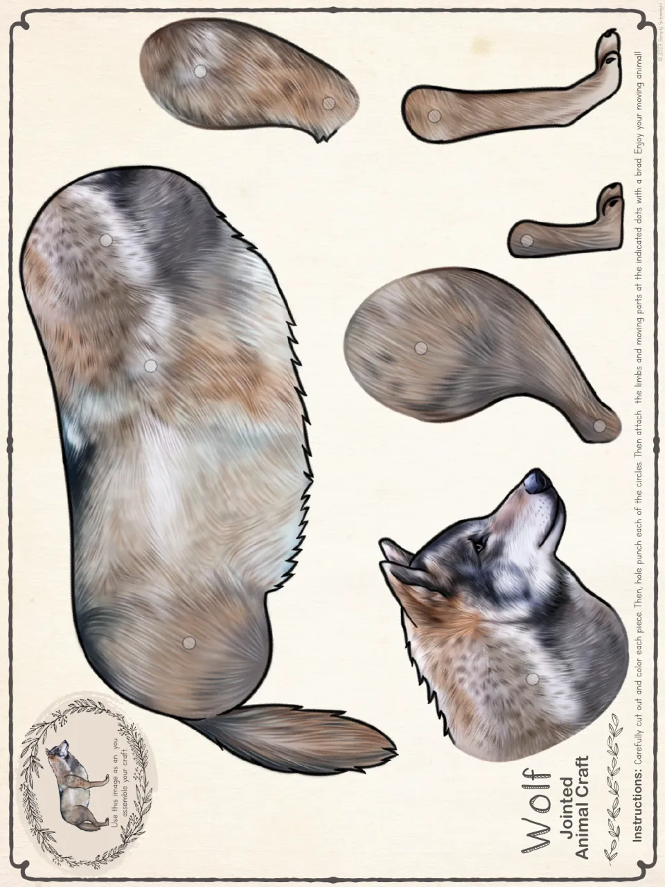 Color template for one easier wolf craft, with a body, head, and two jointed legs marked for brad assembly