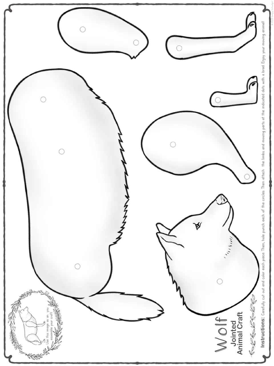 Black-and-white template for one easier wolf craft, with a body, head, and two jointed legs to color and cut