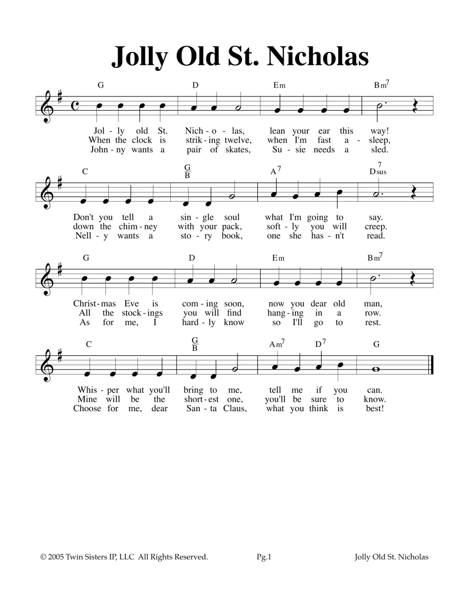 Jolly Old St. Nicholas melody in G major, 4/4 time, with guitar chord symbols and three verses of lyrics to sing