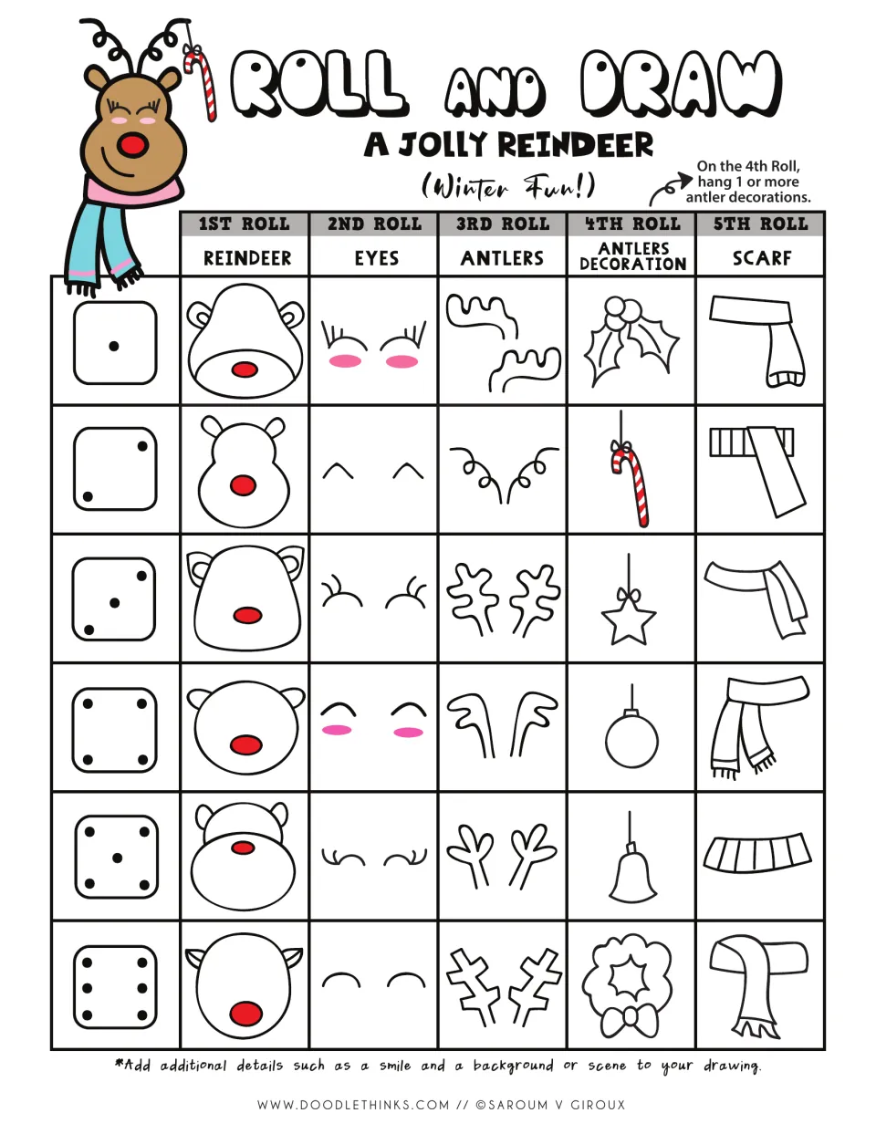 Roll and draw a jolly reindeer: students roll a die 5 times to pick the head, eyes, antlers, antler decoration and scarf