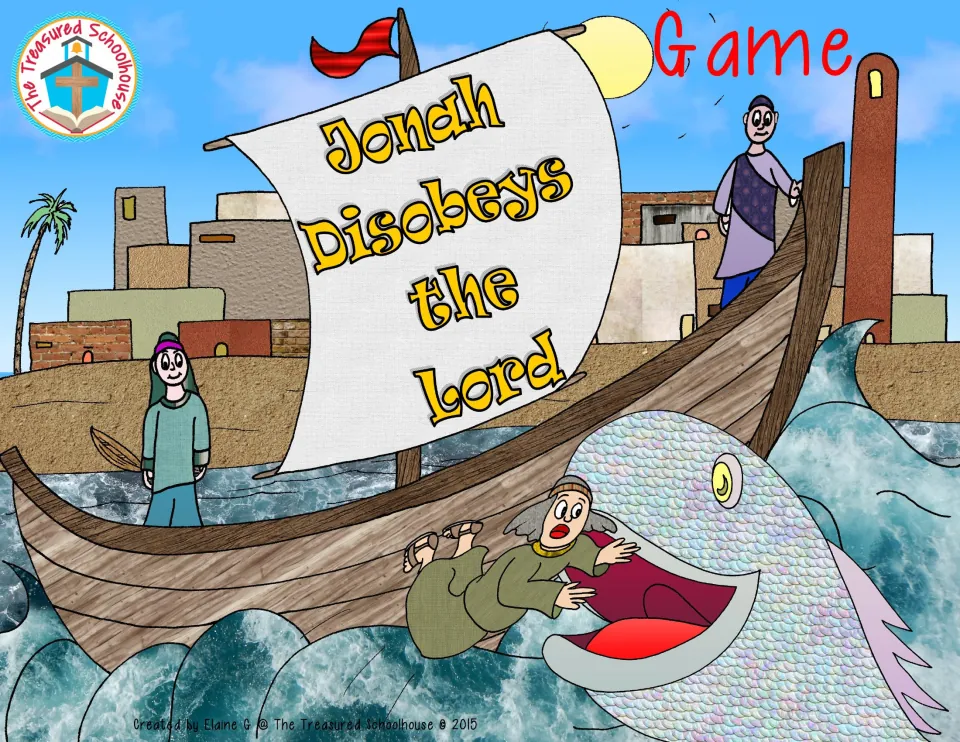Cover: Jonah Disobeys the Lord Game, showing Jonah falling from a sailing boat toward a big fish's open mouth