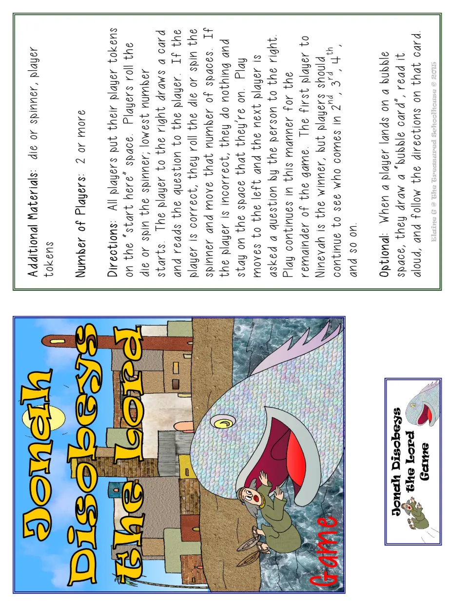 Game directions with cover and label art: roll a die or spin, answer a question card to move, first to Ninevah wins