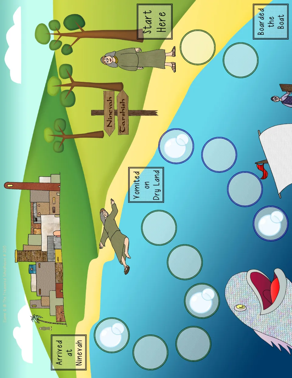 Game board left half: path from Start Here past Boarded the Boat and Vomited on Dry Land to Arrived at Ninevah