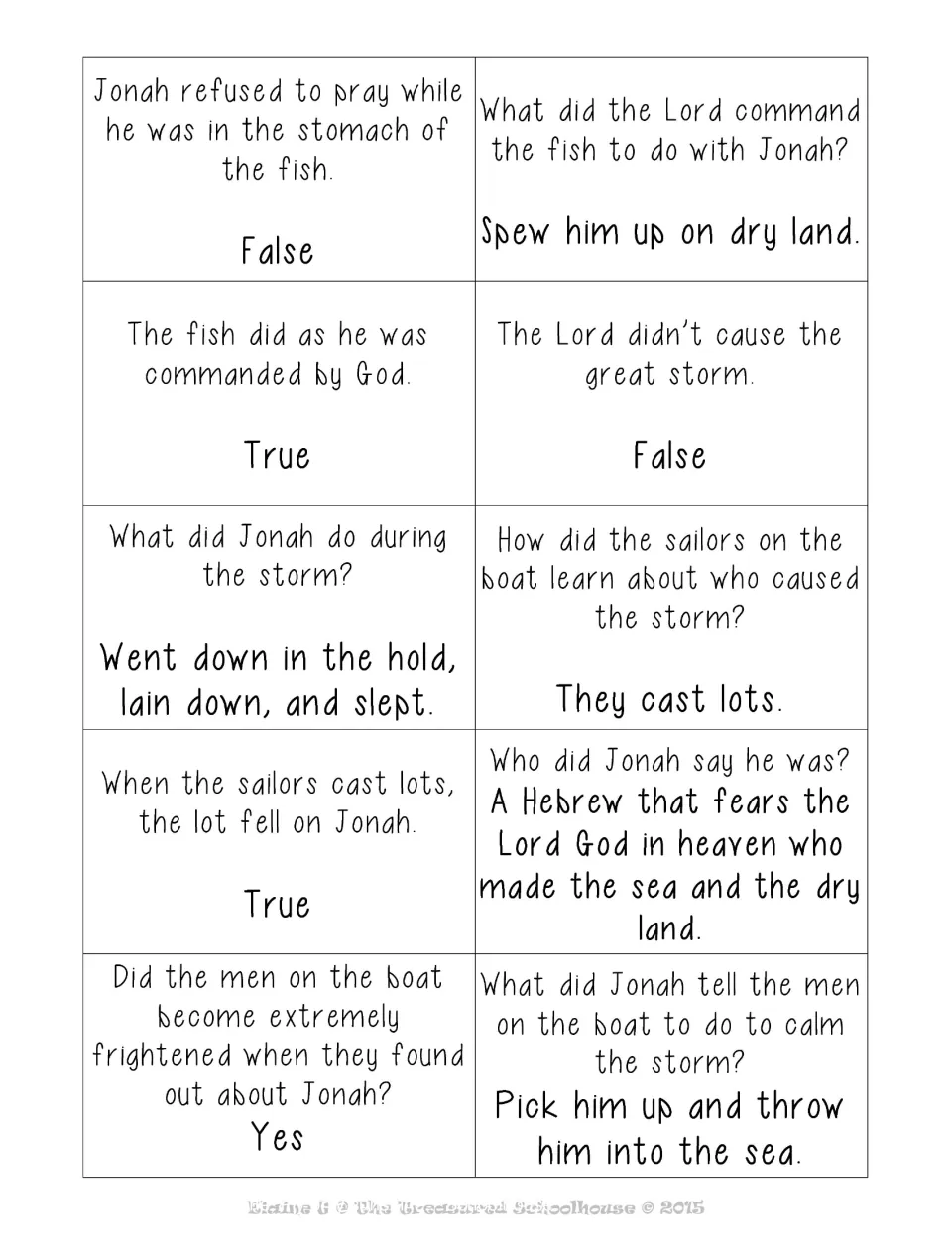 Jonah question cards on the storm, casting lots and the fish's command, with answers such as They cast lots