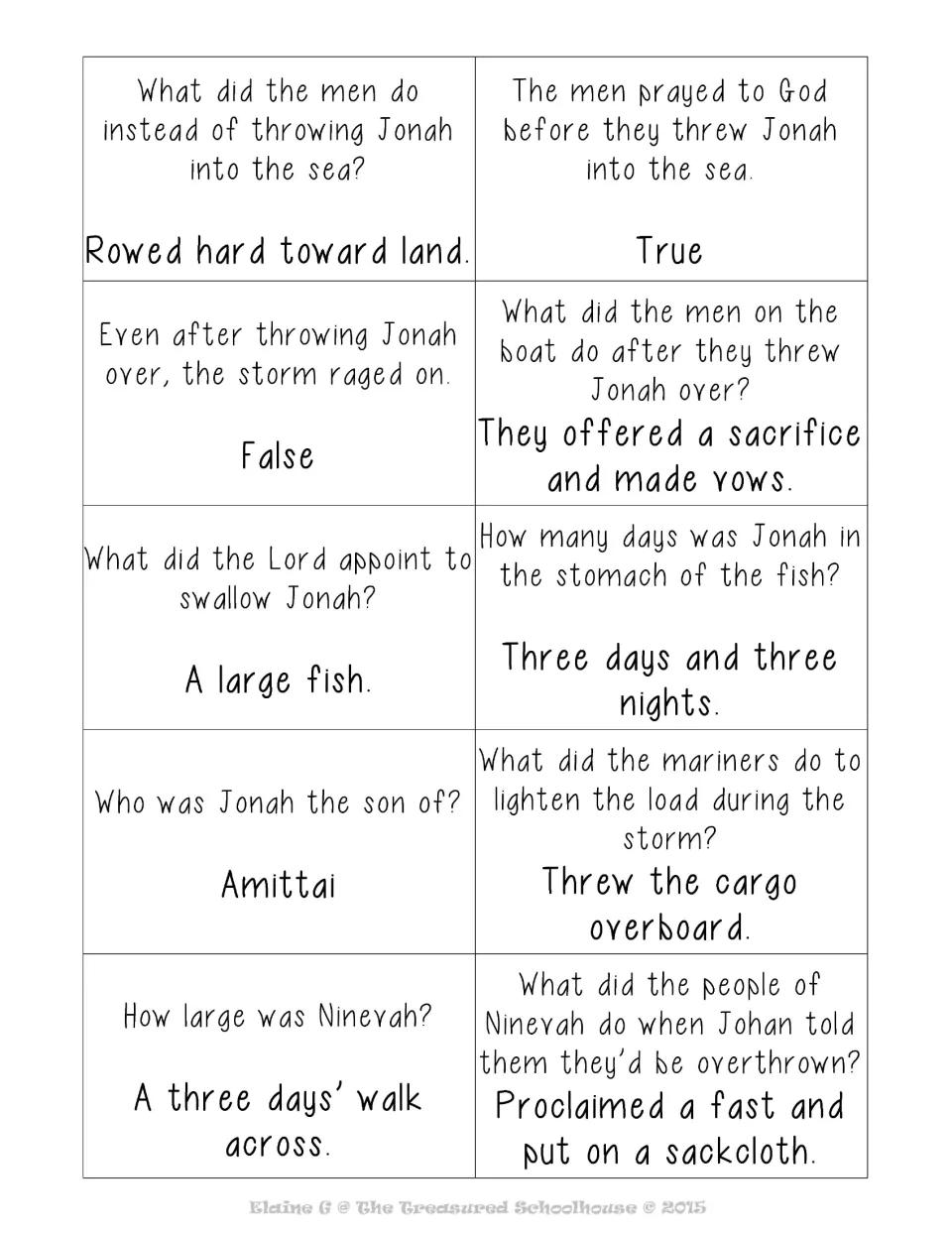 Question cards on the sailors, three days inside the fish, son of Amittai and Ninevah's fast, answers included