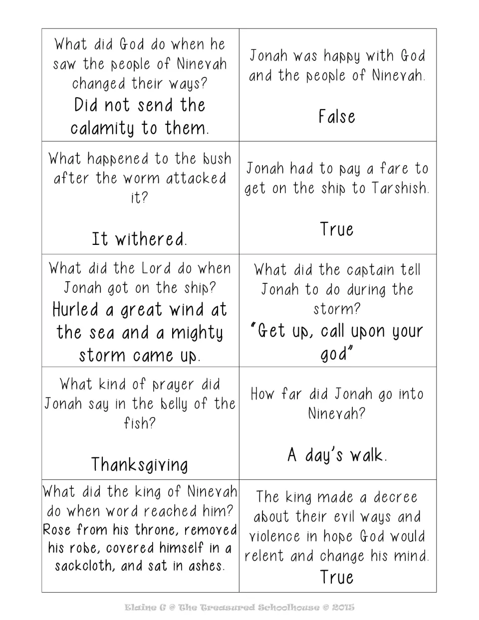 Question cards on Ninevah's king, sackcloth, the withered bush and the captain's words, with answers printed