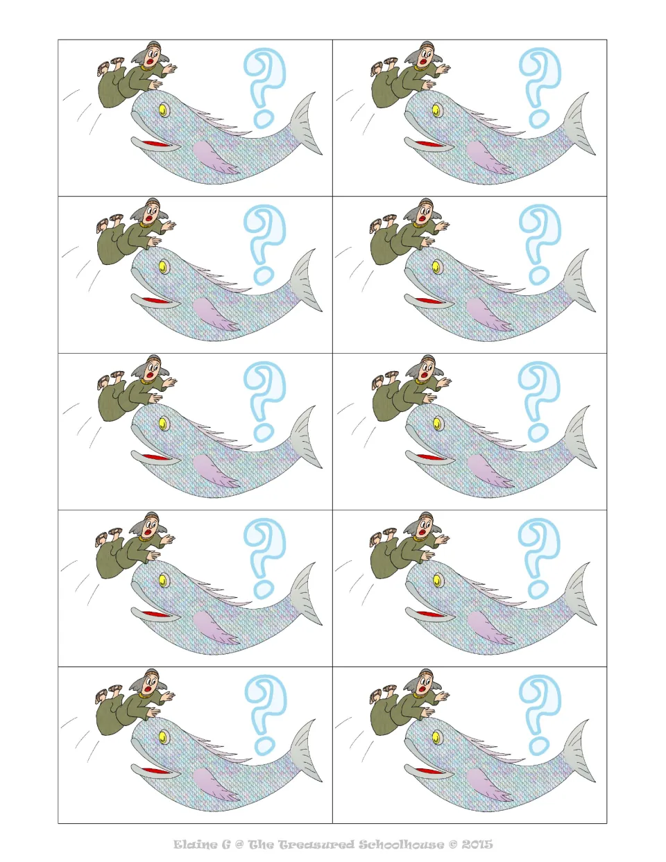 Picture cards: ten identical cards showing Jonah above a big fish beside a large blue question mark