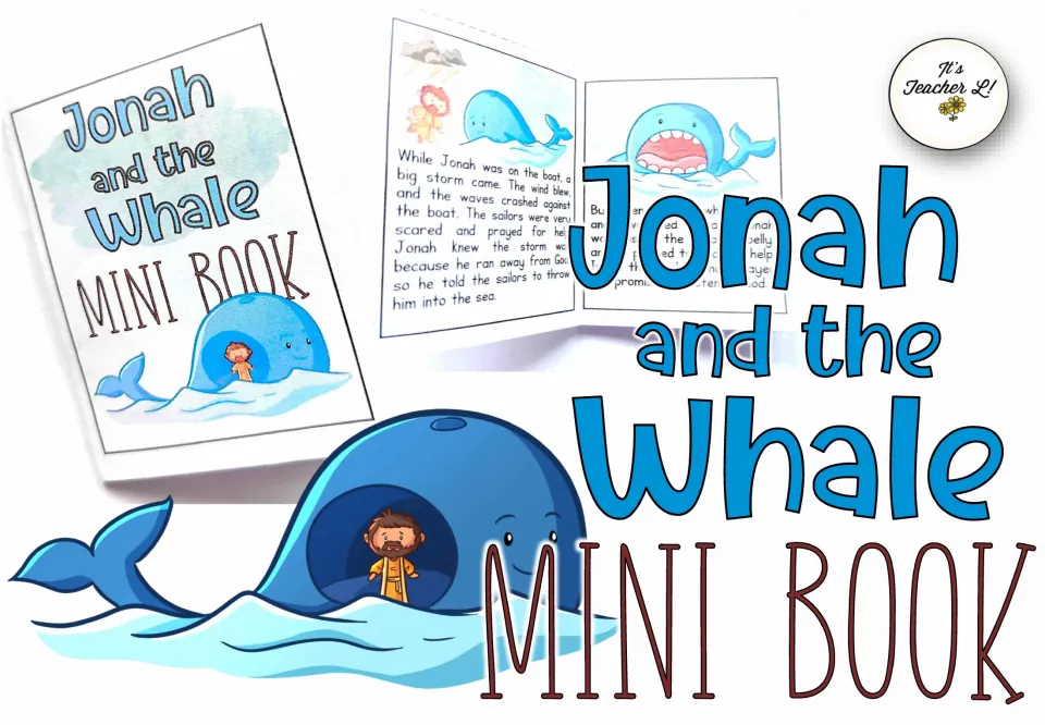 Jonah and the Whale mini book cover showing the folded booklet, a story spread about the storm, and Jonah inside a whale