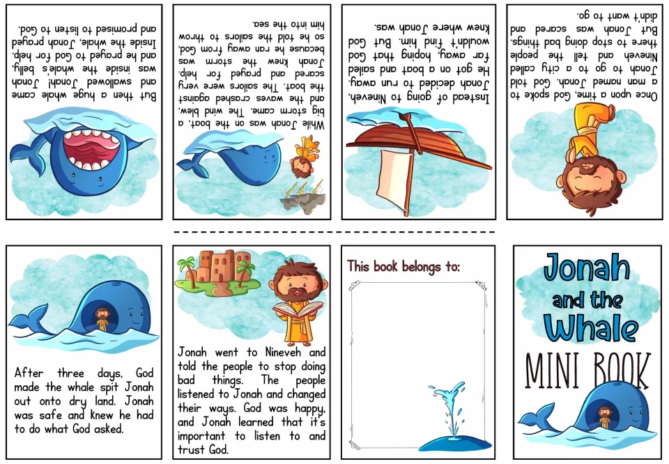 Colored Jonah story booklet: God sends Jonah to Nineveh, he flees by boat, a storm, the whale, and Jonah obeys God