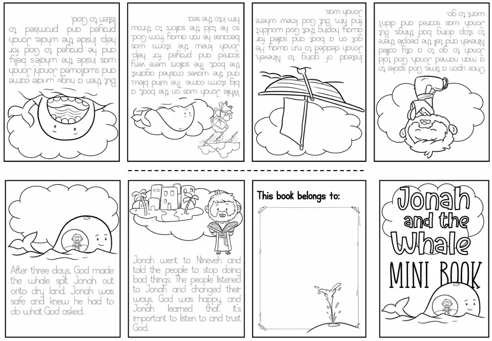 Black-and-white Jonah booklet with dotted story text for students to trace and coloring pictures of the boat and whale
