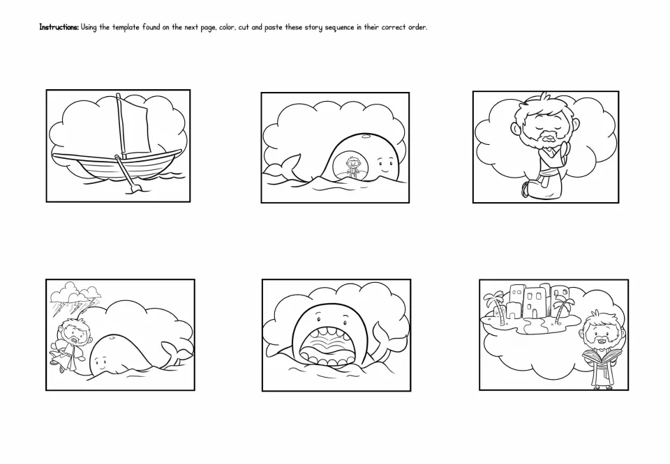 Story sequencing cut-outs: color and cut six Jonah scenes, from the boat and storm to Nineveh, and paste them in order