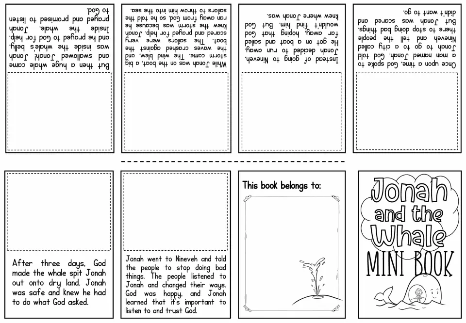 Picture-fill Jonah booklet: story text on each page with an empty frame where students paste the matching scene