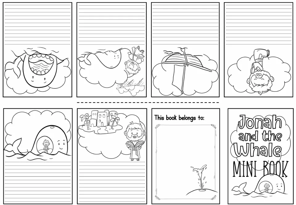 Jonah retell booklet: students write the story in their own words on lines beside each scene, from the boat to Nineveh