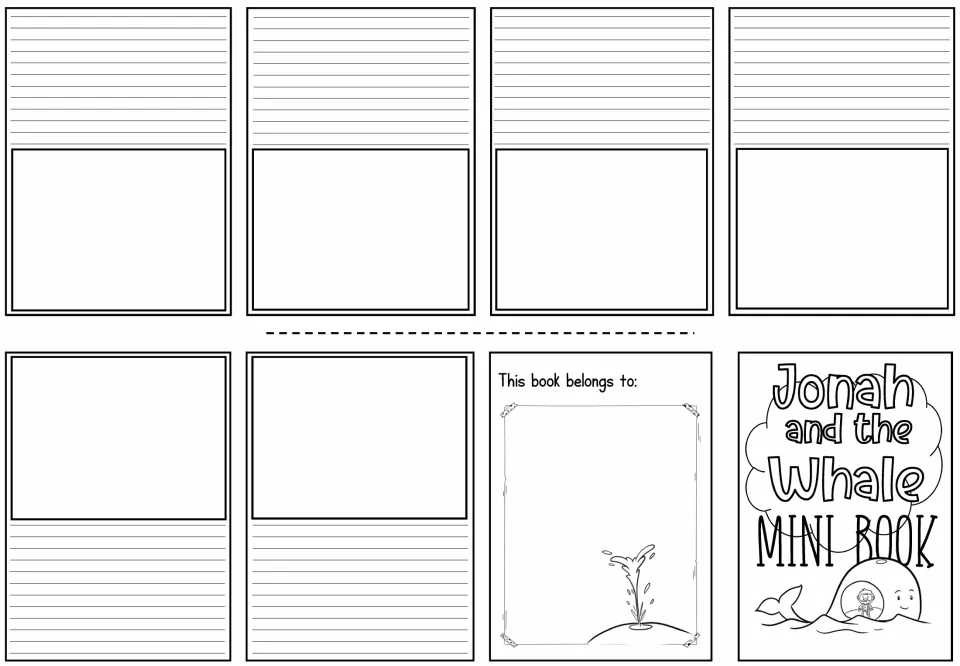 Blank Jonah mini-book pages: students draw each part of the story in empty frames and write about it on the lines