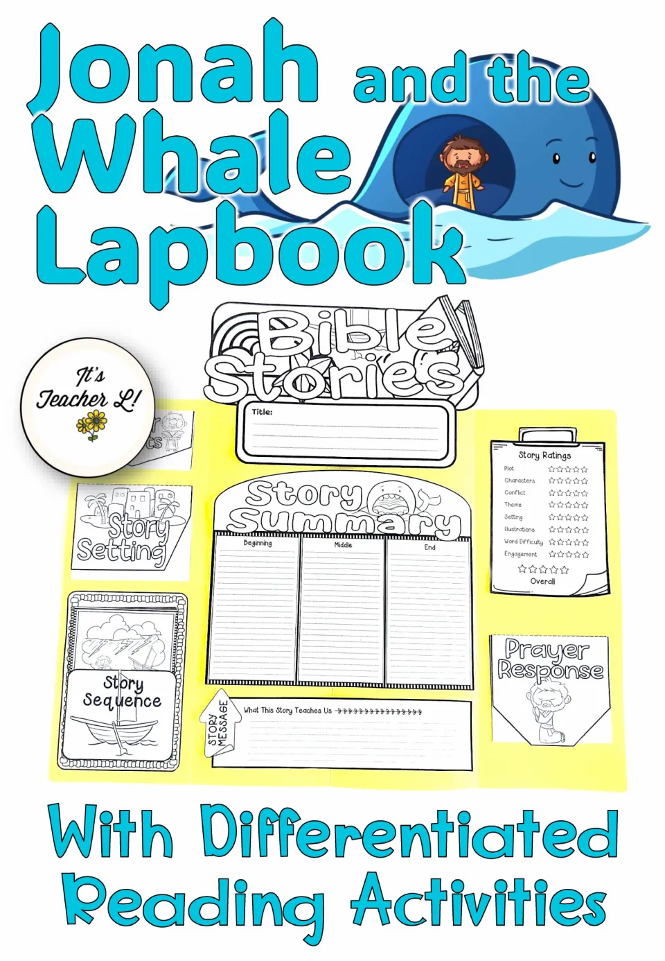 Jonah and the Whale lapbook cover: assembled folder with story summary, setting, sequence, ratings and prayer flaps
