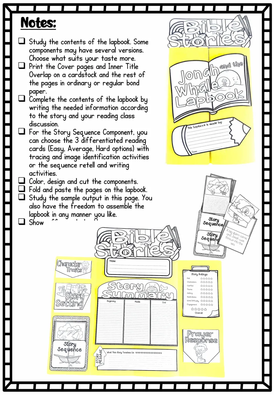 Assembly notes: print, complete, color, cut, fold and paste lapbook parts; Easy, Average, Hard story sequence card options