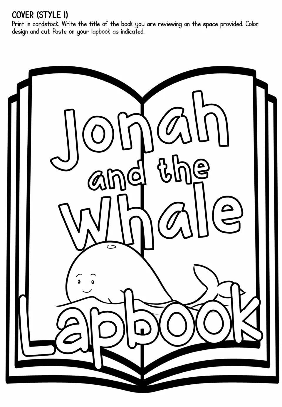 Cover style 1: upright open book with a smiling whale in the waves; students color, cut and paste it on cardstock