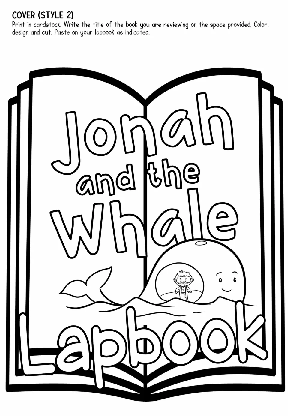 Cover style 2: upright open book showing Jonah inside the whale's belly; a coloring and cutting piece for the lapbook front