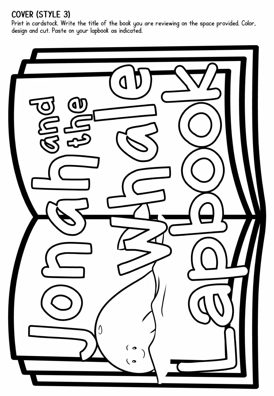 Cover style 3: sideways open book title with a whale peeking between the letters, to color, cut and glue across the folder